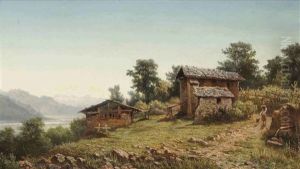 A Girl With A Dog In A Hilly Landscape With Three Stone Shacks by Hendrik Dirk Kruseman van Elten