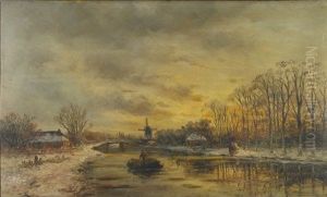 Winter Landscape With A Boat On A Canal And A Windmill In The Background