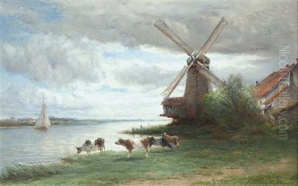 Cattle Watering Before A Windmill - view 1