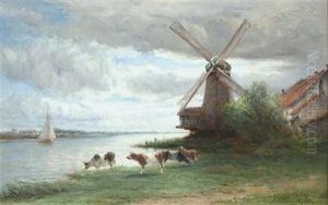 Cattle Watering Before A Windmill by Hendrik Dirk Kruseman van Elten