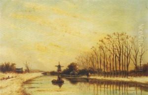 Inland Waterway At Dusk With A Windmill In The Distance by Hendrik Dirk Kruseman van Elten