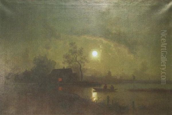 Nocturnal Landscape With Boaters On Lake, House And Windmill In Background - view 1