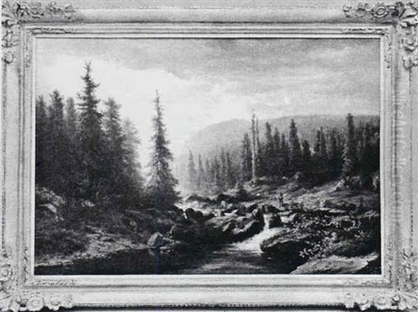 Sunny Landscape With Two Fishermen And Rapids At Foreground - view 1
