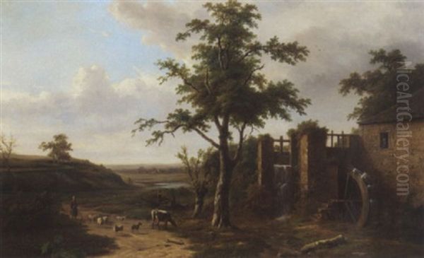 A Panoramic Landscape With A Peasant Woman And Cattle Near A Watermill - view 1