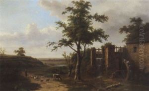A Panoramic Landscape With A Peasant Woman And Cattle Near A Watermill by Hendrik Dirk Kruseman van Elten