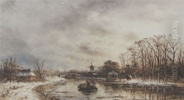 Winter Landscape With Boat On A River And A Windmill In The Background - view 1