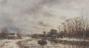 Winter Landscape With Boat On A River And A Windmill In The Background