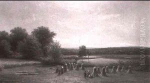 Getreideernte In Weitraumiger Seelandschaft by Hendrik Dirk Kruseman van Elten