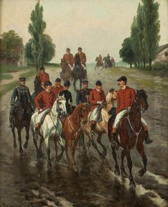 Parforcereiter Undsoldaten Auf Einer Dorfstrase by August Becker-Heyer