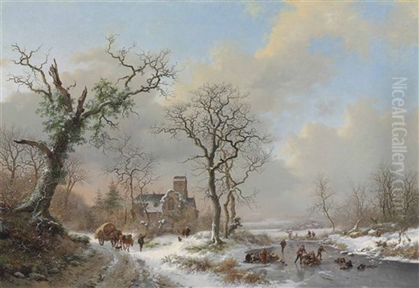 Winter Landscape With Skaters And A Covered Wagon Near A Church - view 1