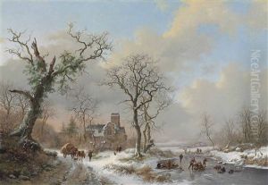 Winter Landscape With Skaters And A Covered Wagon Near A Church