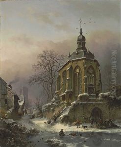 Figures At Work In A Winter Landscape, An Approaching Storm Beyond by Frederik Marinus Kruseman