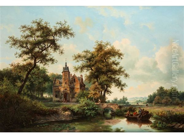 Weite Landschaft Mit Fluss, Fischern Und Kleinem Waldschlosschen - view 1