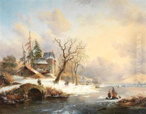 Winter Landscape With Figures Near A Mansion by Frederik Marinus Kruseman