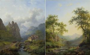 Pair Of Works: Rocky Mountain Valley With Travellers / Herders With A Herd At A Stream With Ruins In The Background by Frederik Marinus Kruseman