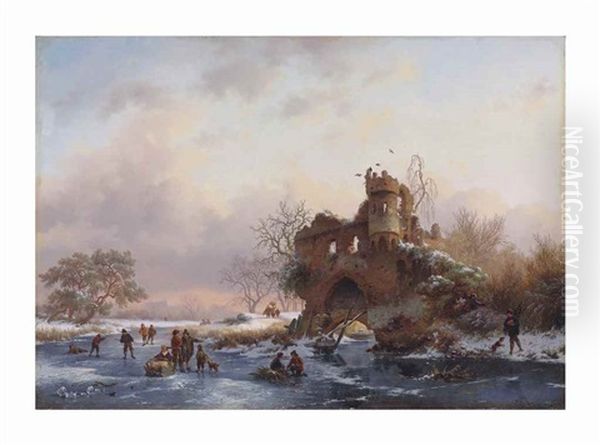 Winter Landscape With Skaters Near A Dilapidated Castle - view 1