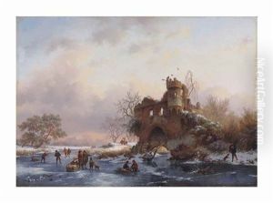 Winter Landscape With Skaters Near A Dilapidated Castle by Frederik Marinus Kruseman