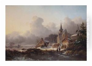 A Winter's Day In The Village With Figures On The Ice by Frederik Marinus Kruseman