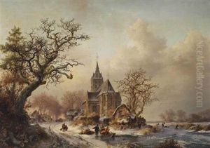 A Winter Landscape With Activities Around A Village by Frederik Marinus Kruseman