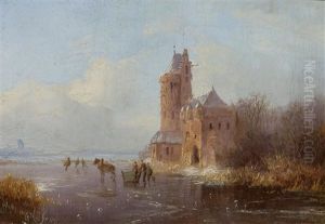A Winter Landscape With Figures On A Frozen Lake