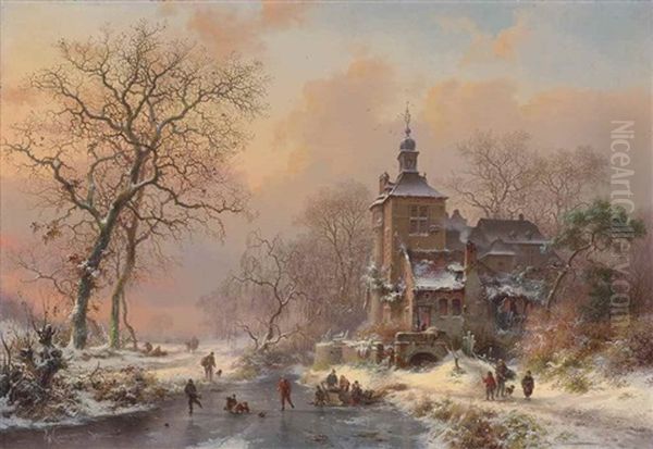 Winter Landscape With Skaters On A Frozen River - view 1