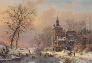 Winter Landscape With Skaters On A Frozen River