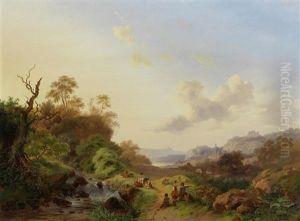Summer Landscape With Figures And Cattle Near A Waterfall by Frederik Marinus Kruseman