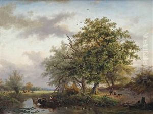 A Summer Landscape With A Fishing Boat On A Pond by Frederik Marinus Kruseman