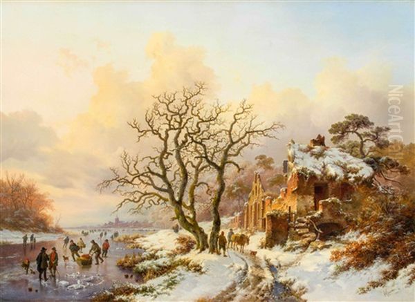 Winterlandschaft Mit Schlittschuhlaufern Vor Den Ruinen Der Kapelle Von Villiers-la-ville - view 1