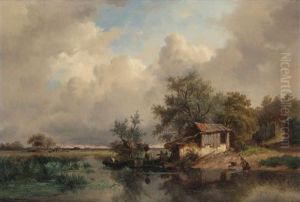 Paysage Marecageux En Hollande Anime D"une Jeune Femme A La Lessive Et D"un Pecheur Dans Une Chaloupe Au Bord De La Rive by Frederik Marinus Kruseman