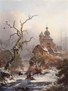 An Idyllic Winter Scene With Woodgatherers Near A Castle