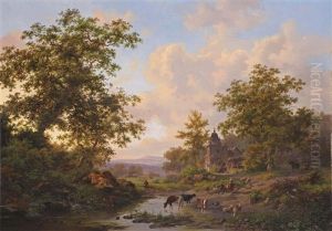 A Sunlit River Landscape With Shepherds Resting Near A Stream by Frederik Marinus Kruseman
