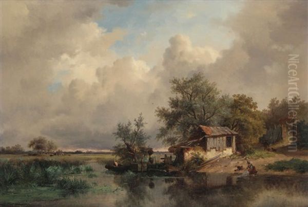 Paysage Marecageux En Hollande Anime D'une Jeune Femme A La Lessive Et D'un Pecheur Dans Une Chaloupe Au Bord De La Rive - view 1
