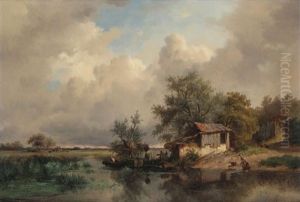 Paysage Marecageux En Hollande Anime D'une Jeune Femme A La Lessive Et D'un Pecheur Dans Une Chaloupe Au Bord De La Rive by Frederik Marinus Kruseman