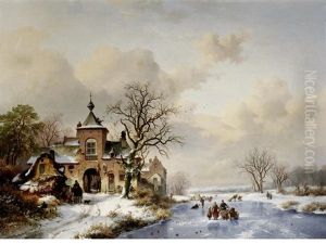 Frozen Waterway Beside A Castle by Frederik Marinus Kruseman