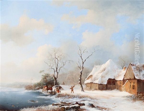 Winter Landscape With Riders By A Farm - view 1