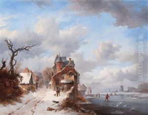 Winter Landscape With Skaters On The River And Strollers Alongside On A Village Path by Frederik Marinus Kruseman