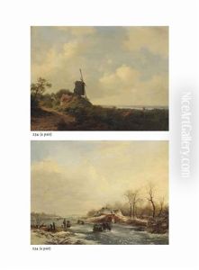 A Summer View Over A River Valley With Figures Near A Mill (+ A Winter View Of A Frozen Waterway With Figures On The Ice By A Bridge; Pair)