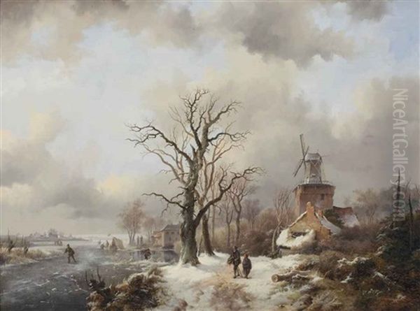 A Winter Landscape With Figures On A Snowy Path By A Windmill And Skaters On A Frozen Waterway Near A Koek En Zopie - view 1