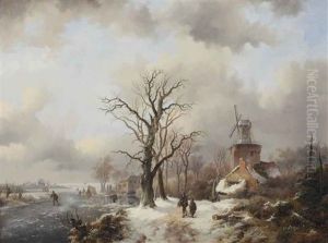A Winter Landscape With Figures On A Snowy Path By A Windmill And Skaters On A Frozen Waterway Near A Koek En Zopie by Frederik Marinus Kruseman