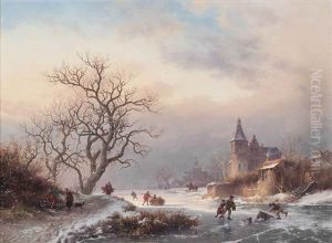 Skaters Playing On A Dutch Waterway by Frederik Marinus Kruseman