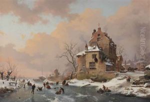 Figures On A Frozen Waterway Enjoying A Wintersday by Frederik Marinus Kruseman