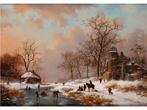 Winterlandschaft Mit Altem Villengebaude Und Eislaufern An Gefrorenem Bachlauf by Frederik Marinus Kruseman