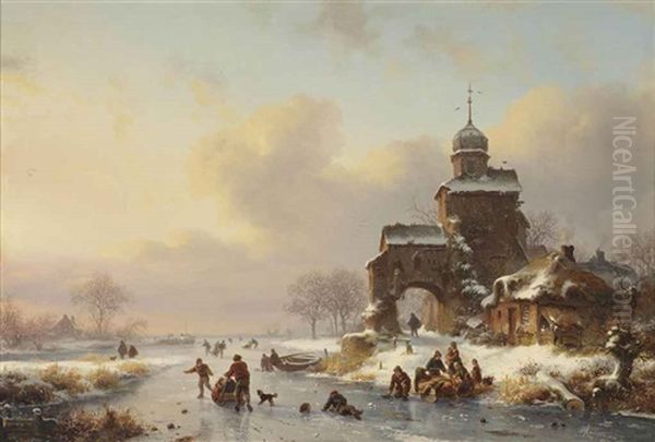 Skaters On A Frozen Waterway Near A Castle - view 1
