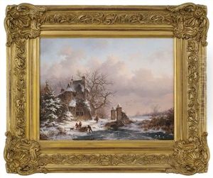 Abendliche Winterlandschaft Mit Einem Villenanwesen Und Holzsammlern