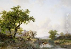 Summer Landscape With Cattle Near A River