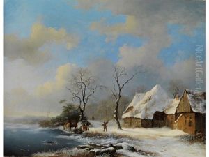Winterlandschaft Mit Verschneiten Katen, Kahlen Baumen Und Reisigsammlern An Vereistem Ufer