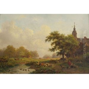Summer Landscape With Sheperds And Cattle Near A Village by Frederik Marinus Kruseman