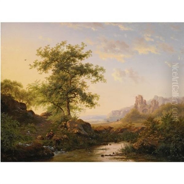 Figures On The Waterfront In A Summer Landscape, A Fantasy Of The Brederode Ruin In The Background - view 1