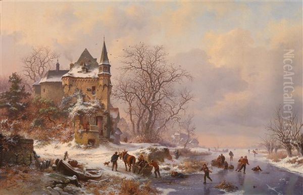 Winterlandschaft Mit Eislaufern Vor Einem Schloss - view 1